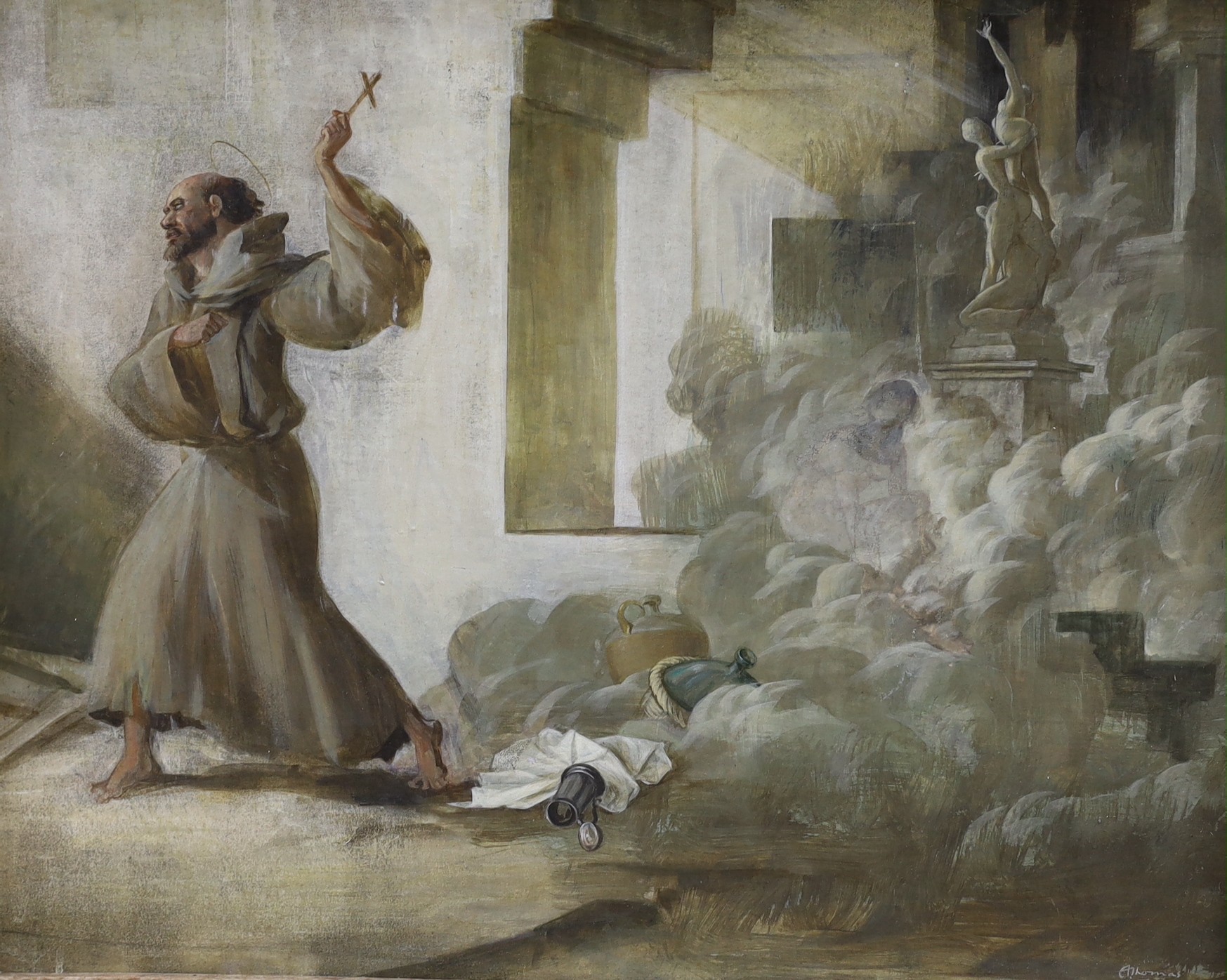 A. Thomas, oil on board, 'The Temptation of St Anthony', signed, 50 x 63cm